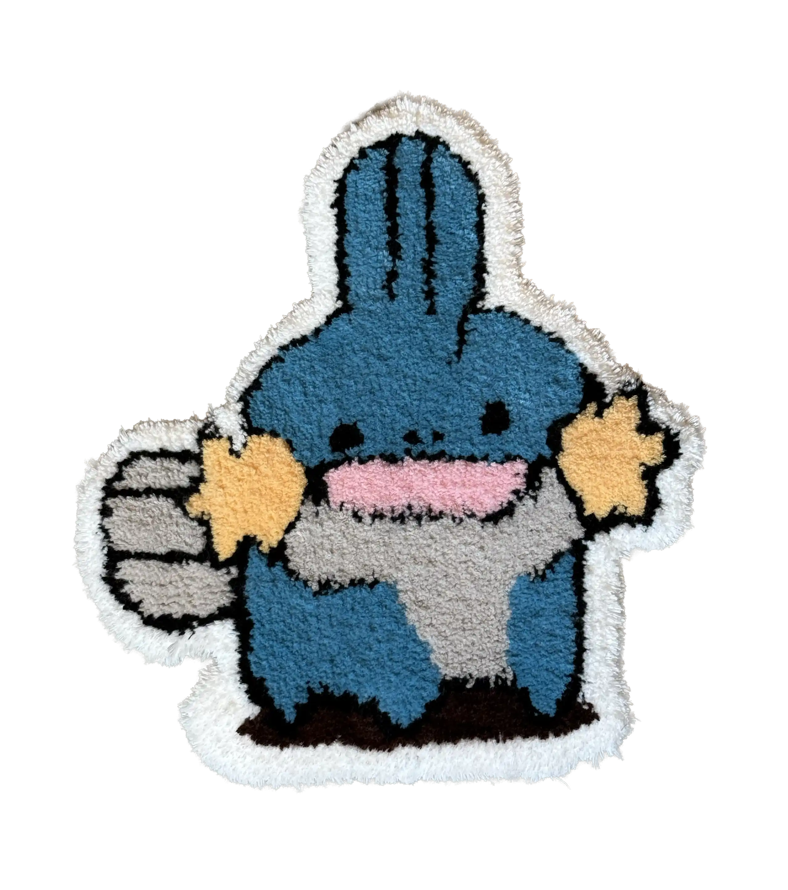 Blue cartoon creature tufted rug holding two yellow stars with a grey scarf and white border