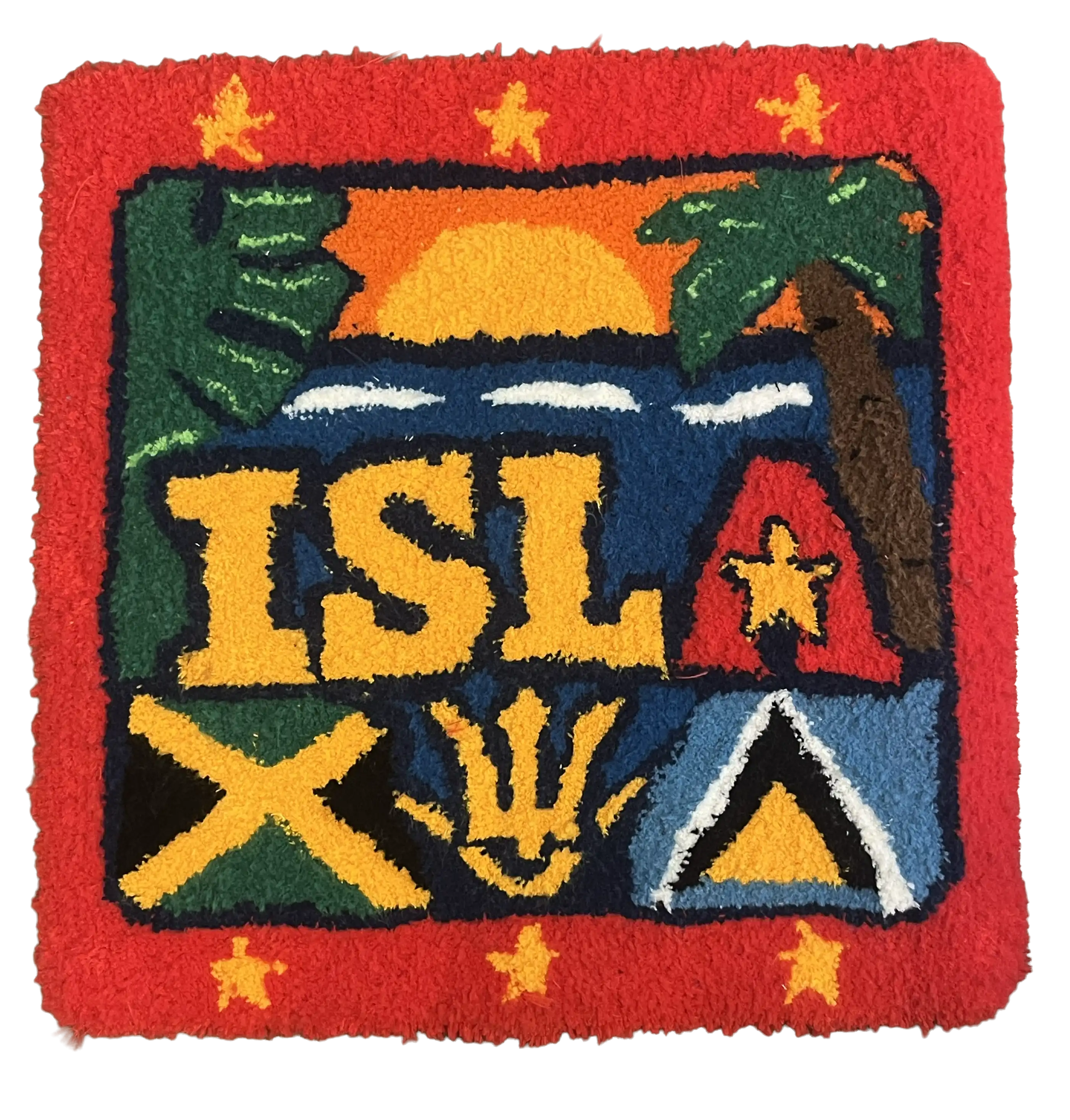 Colourful ISLA tufted rug featuring a sunset, palm tree, stars and Caribbean-inspired flag motifs