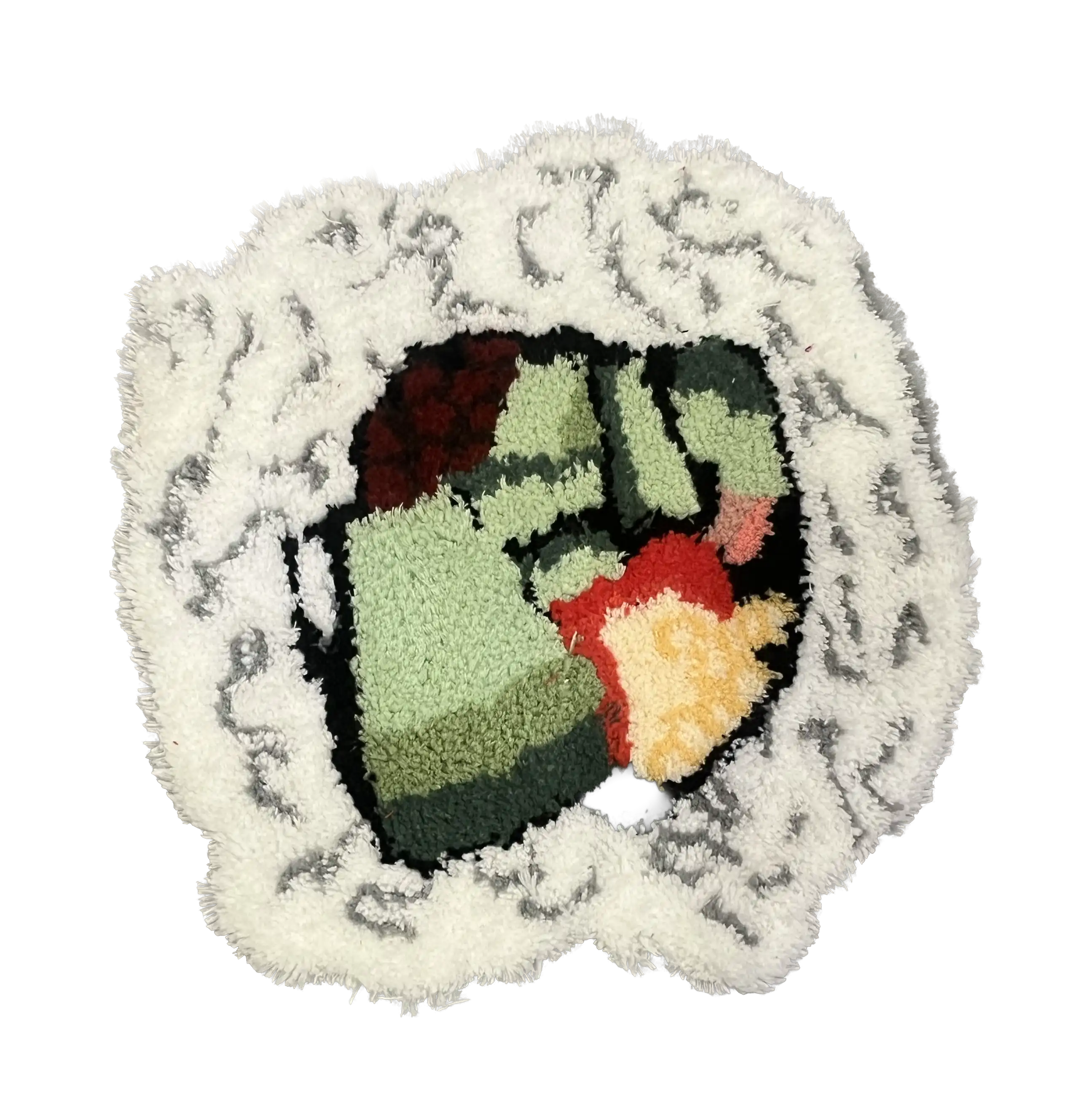 Sushi roll-shaped tufted rug with a fluffy white rice border and colourful vegetable filling