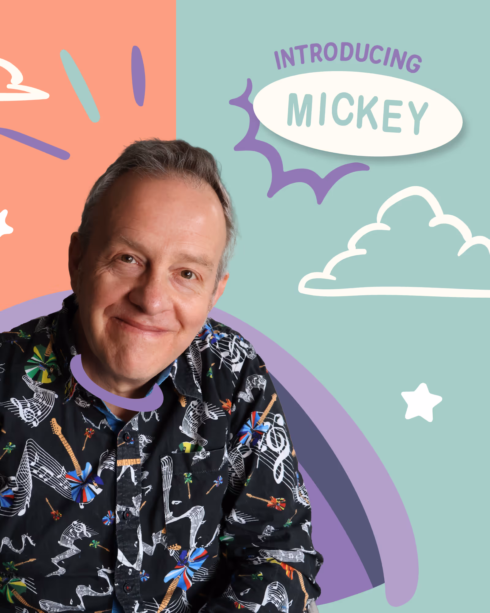 Smiling man wearing a black shirt with colorful musical instrument and note patterns against a pastel background with text 'Introducing Mickey', clouds, stars, and abstract shapes.
