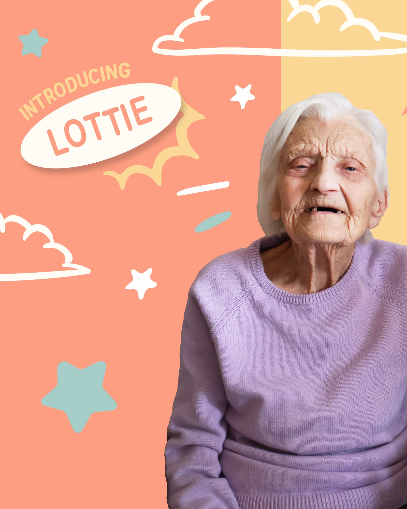 Portrait of an elderly woman with white hair wearing a lavender sweater, with playful cloud and star illustrations and text saying 'Introducing Lottie' on an orange and yellow background.