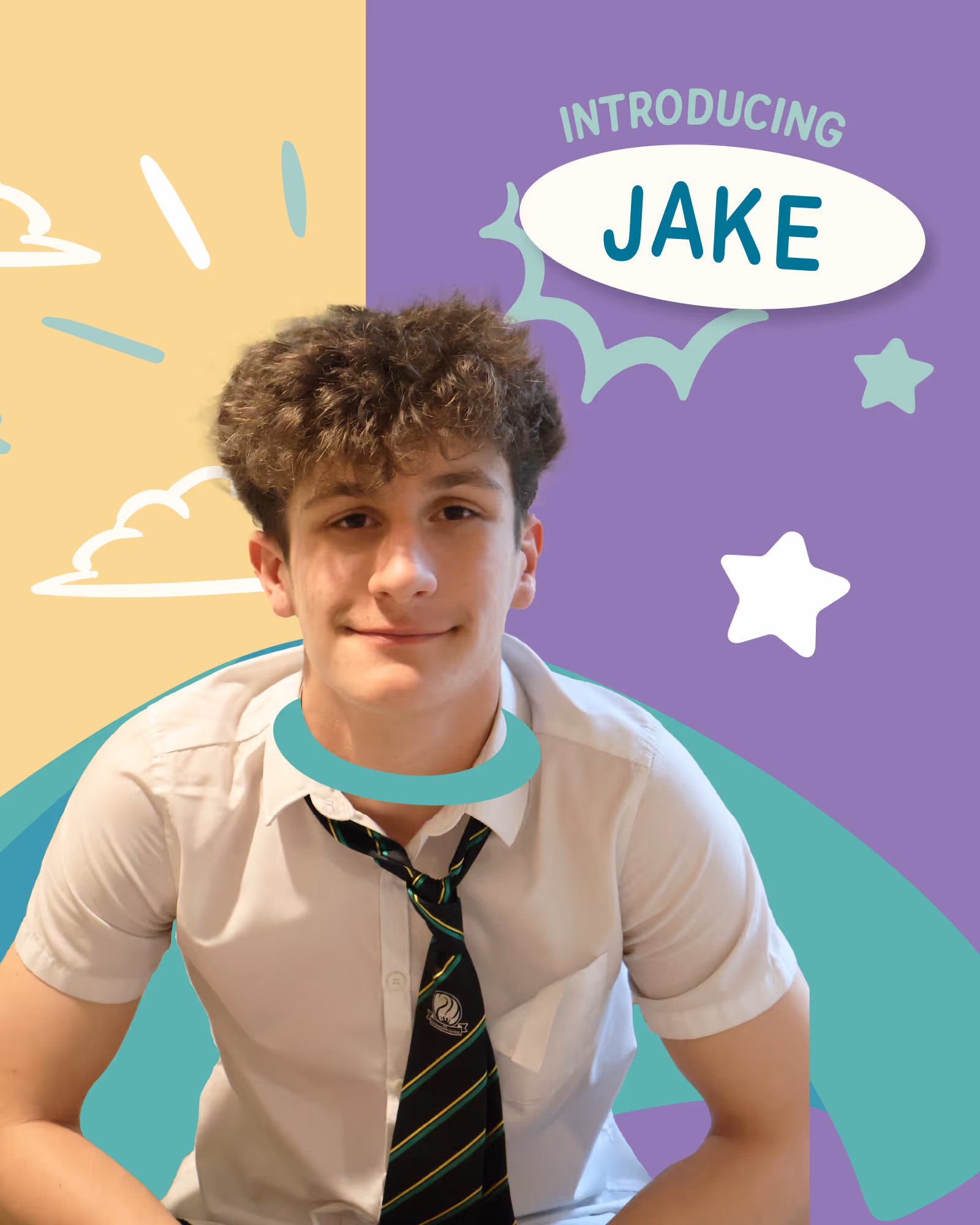 Teenage boy with curly hair wearing a white shirt and striped tie against a colorful background with text 'Introducing Jake'.