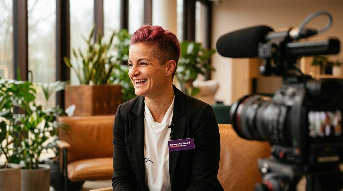 Business founder laughing naturally during a video interview