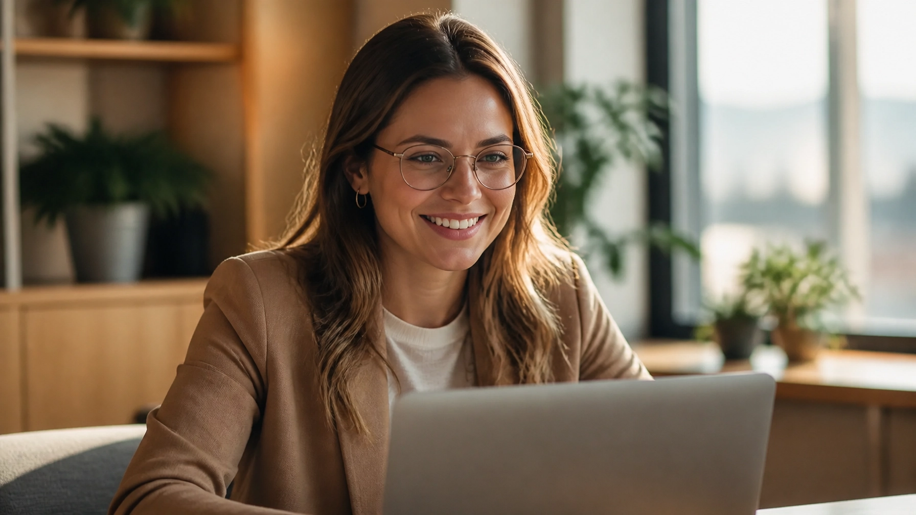 An employee genuinely engaged and smiling while watching a high-quality internal video on their laptop, reflecting the impact of human-first storytelling.