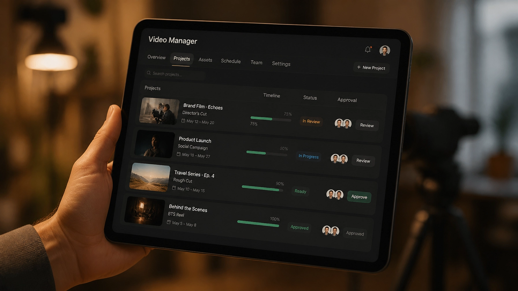 A close-up of the Video Manager dashboard, showing a smooth, professional project workflow.