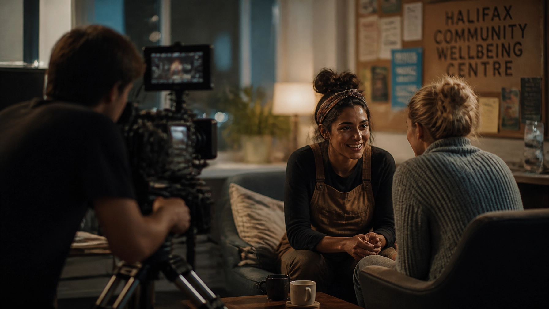 A professional filmmaker capturing a cinematic, emotional conversation at a community center in Halifax.