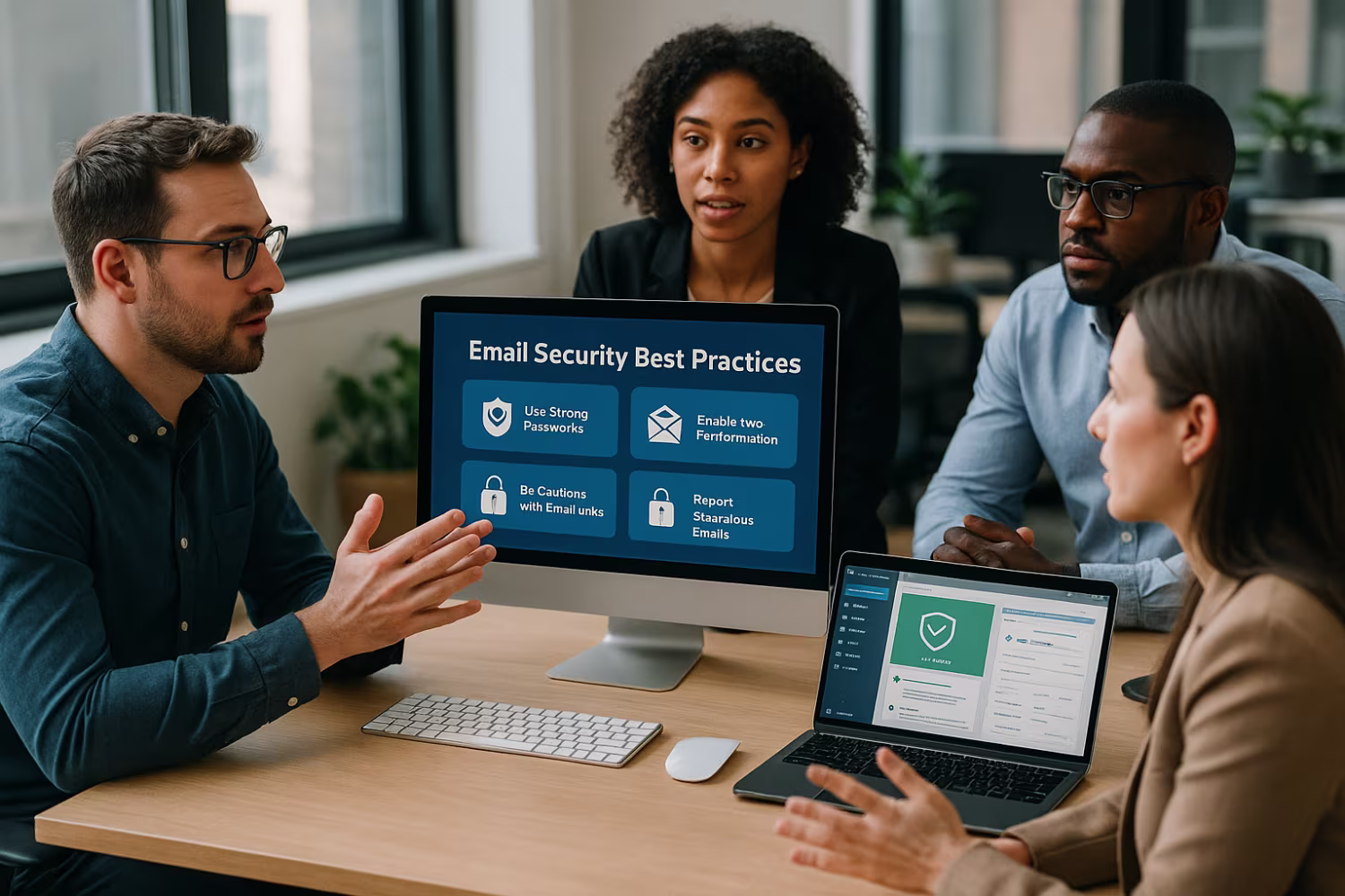 Professionals discussing email security best practices