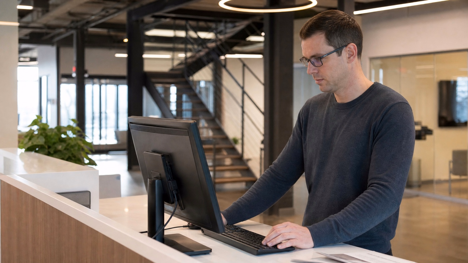 RECEPTION AREA An IT professional one person standing at a front reception d