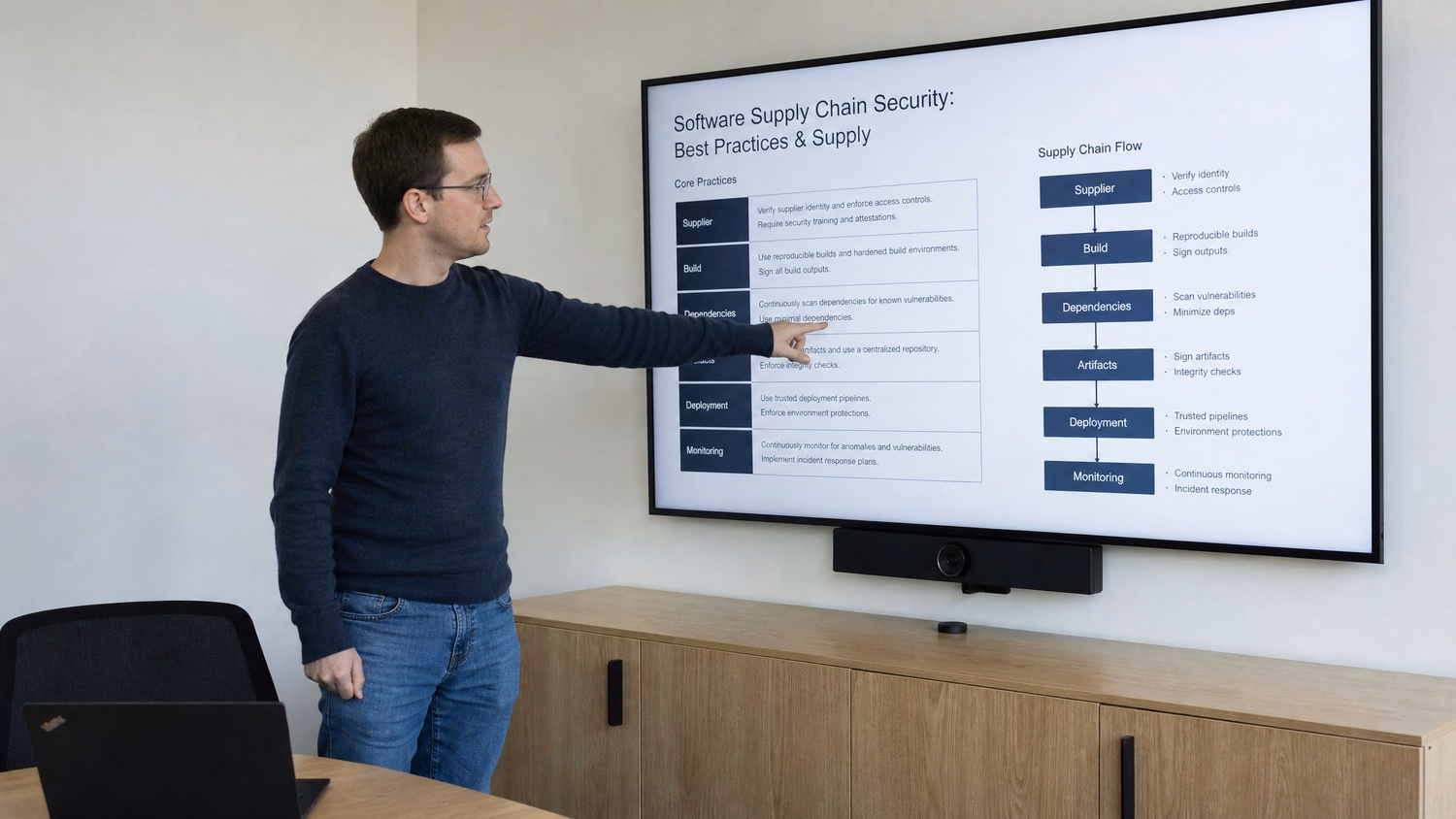 PRESENTATION SCREEN An IT professional  one person standing beside a large wa