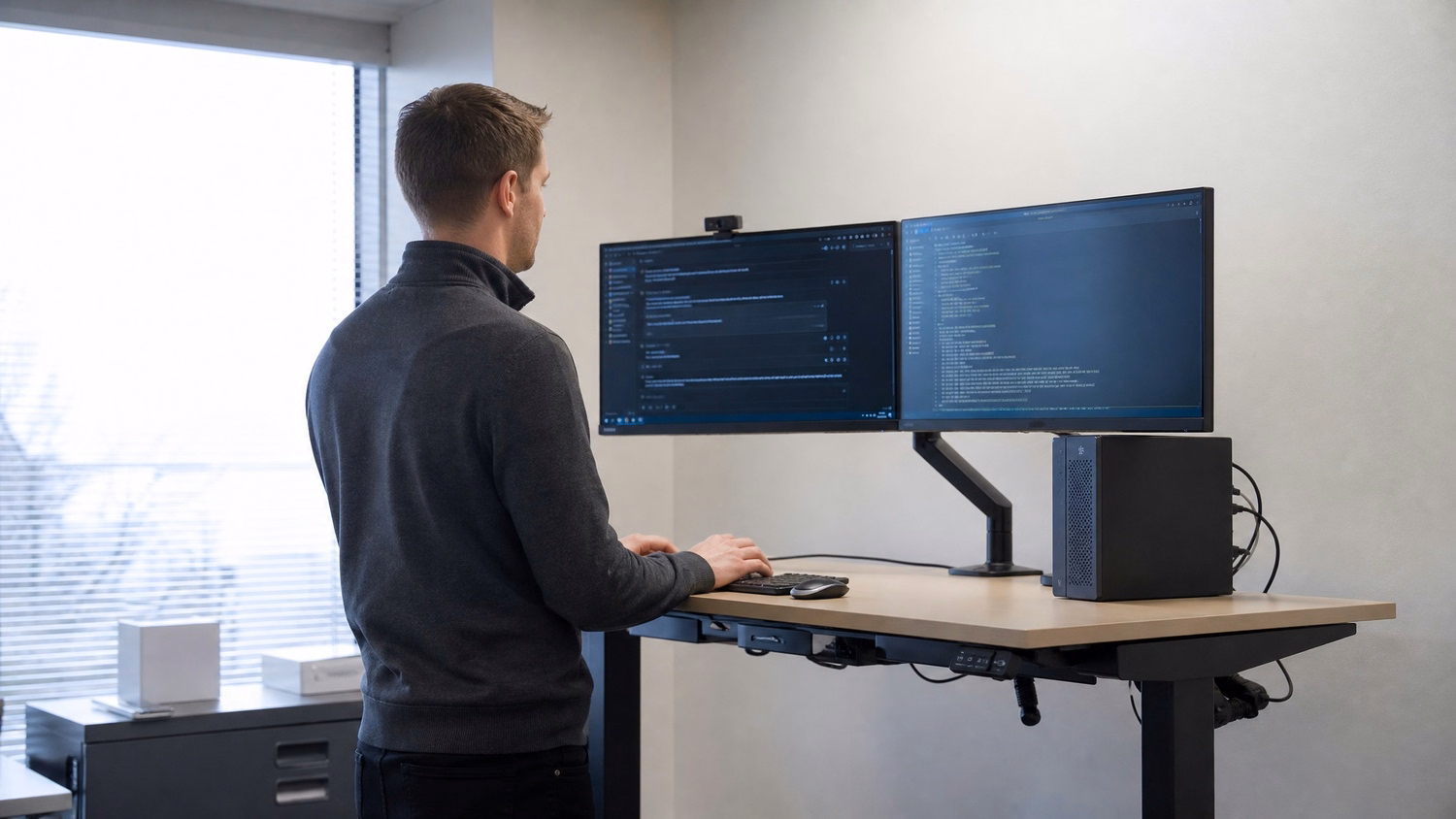 STANDING DESK An IT professional  one person standing at a height-adjustable