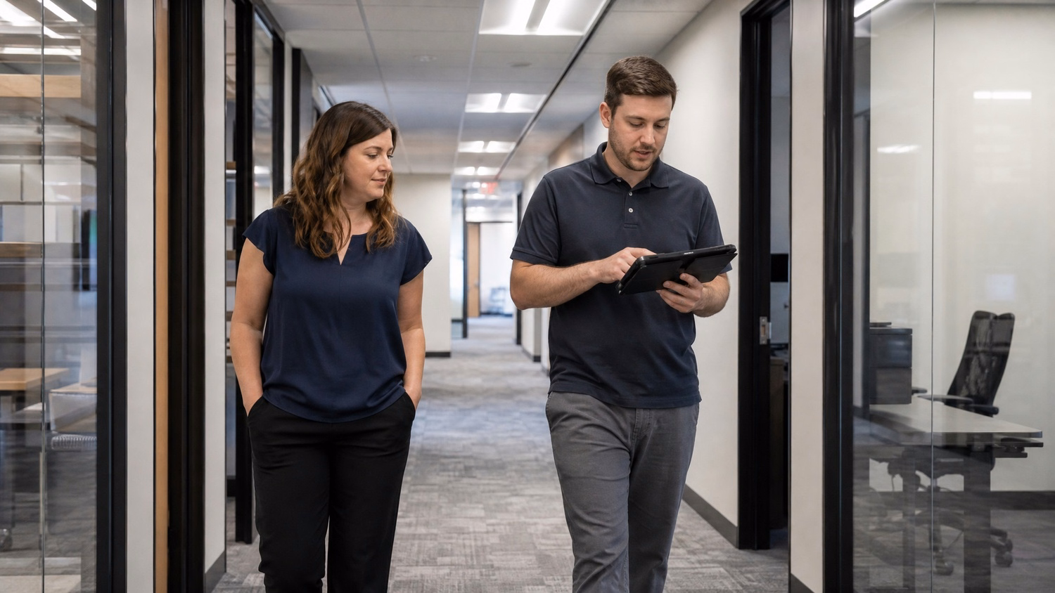 WALKING CORRIDOR An IT professional one or two people walking mid-stride thr