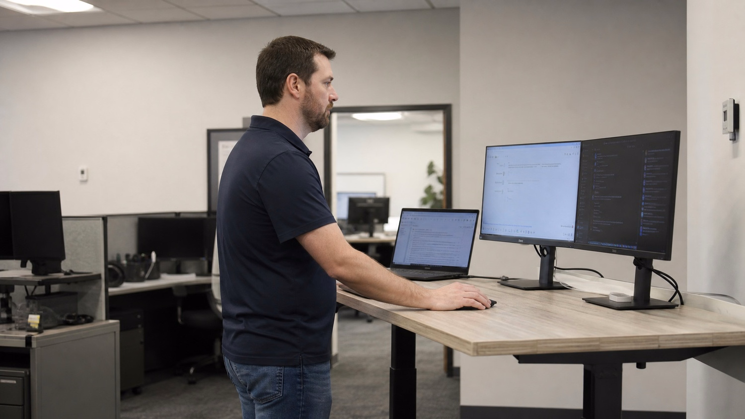 STANDING DESK An IT professional one person standing at a height-adjustable