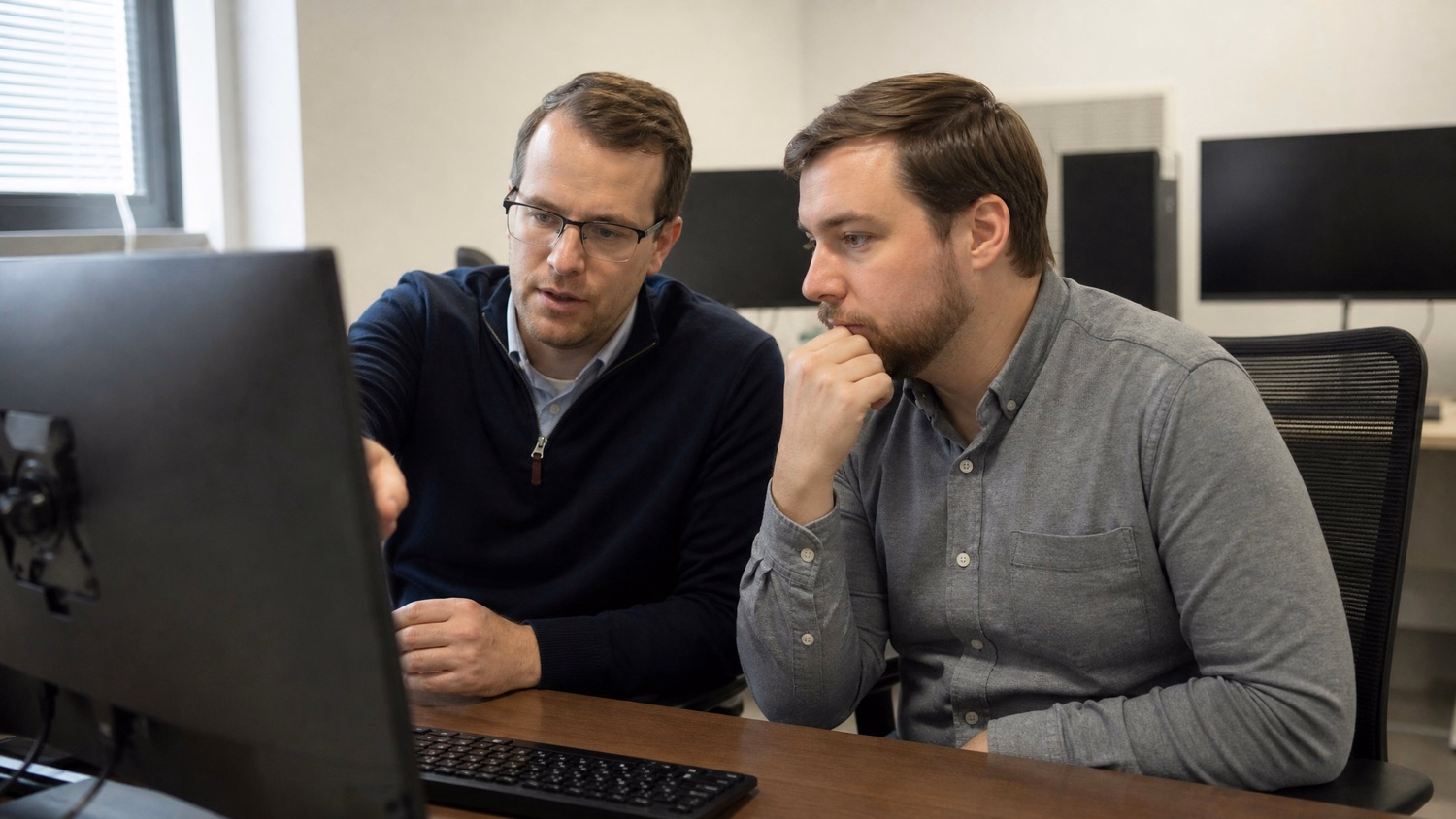 SIDE-BY-SIDE PAIR An IT professional two people seated side by side reviewin