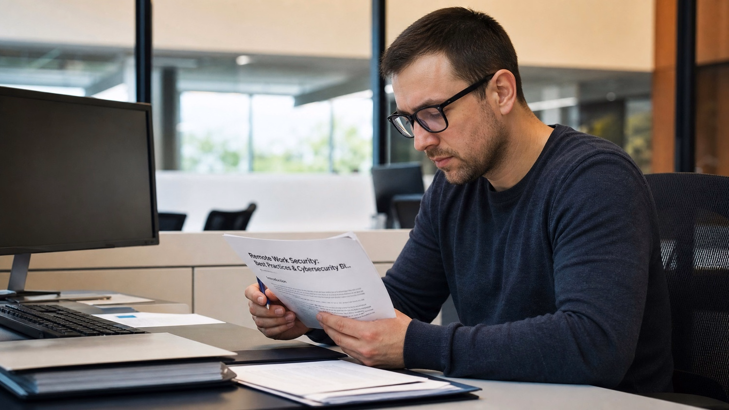 FOCUSED READING An IT professional one person seated at a desk reading print