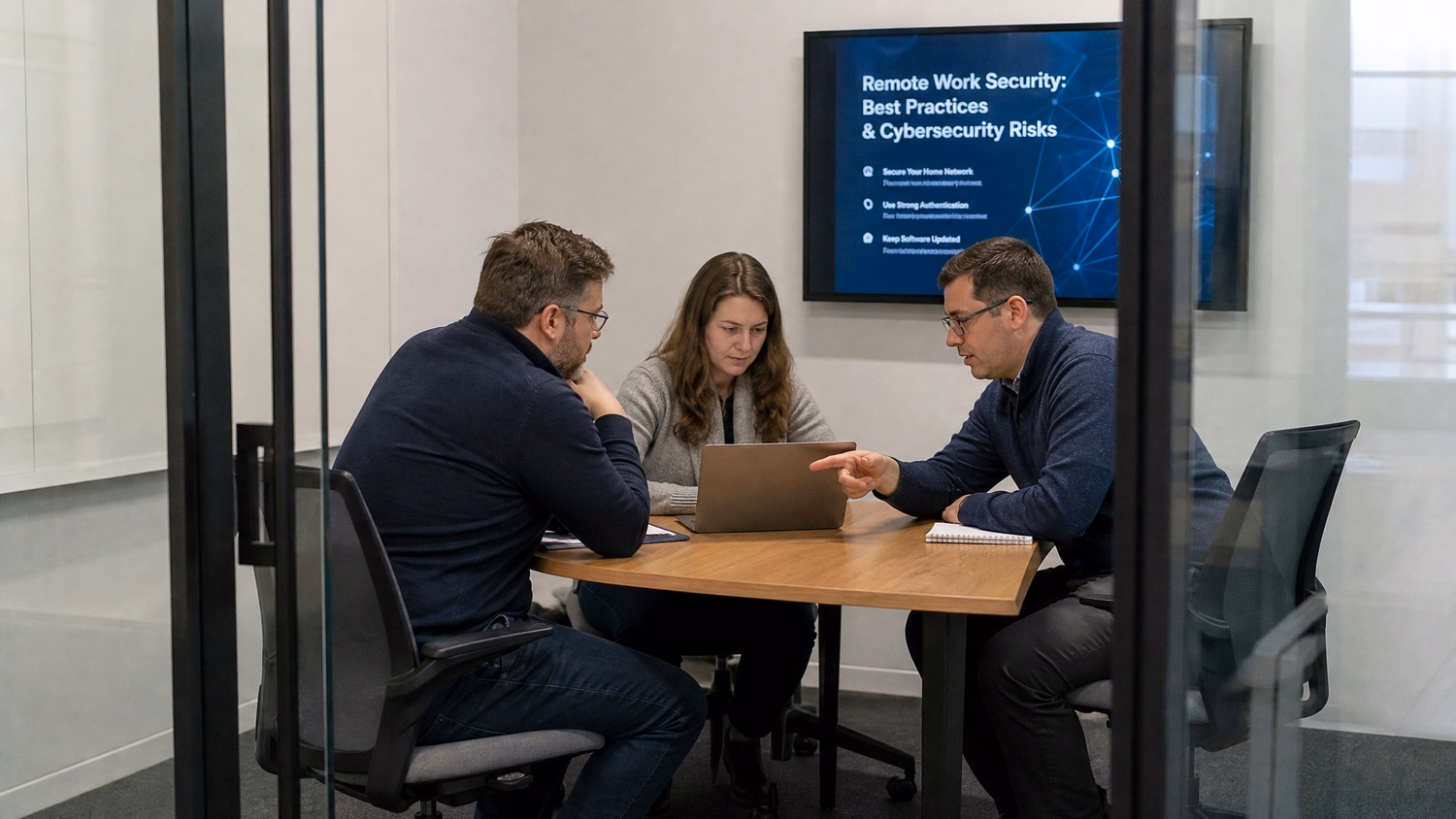 SMALL CONFERENCE ROOM An IT professional three people seated around a small
