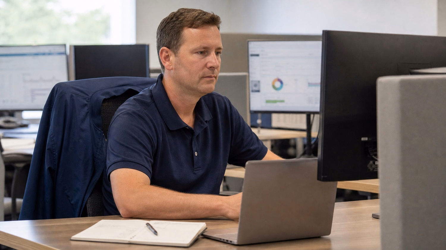 A Caucasian man in his 40s with a navy polo shirt sits at a desk in a solo works