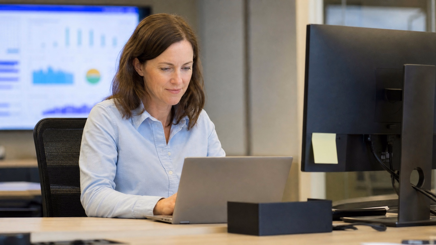 A Caucasian woman in her late 30s with a light blue button-down shirt works at a
