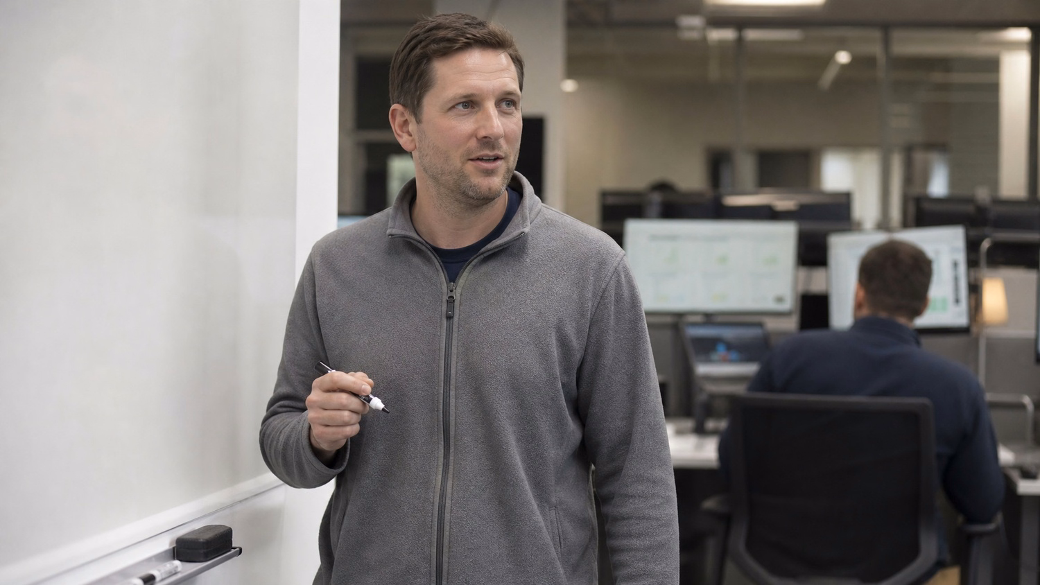 A Caucasian man in his 30s wearing a grey fleece jacket stands near a whiteboard