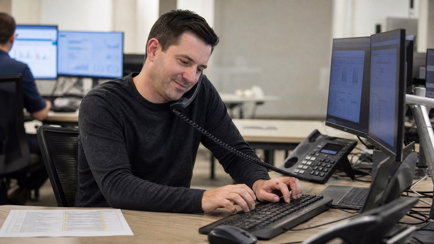 Man on phone, typing, checklist for cloud migration 61 chars