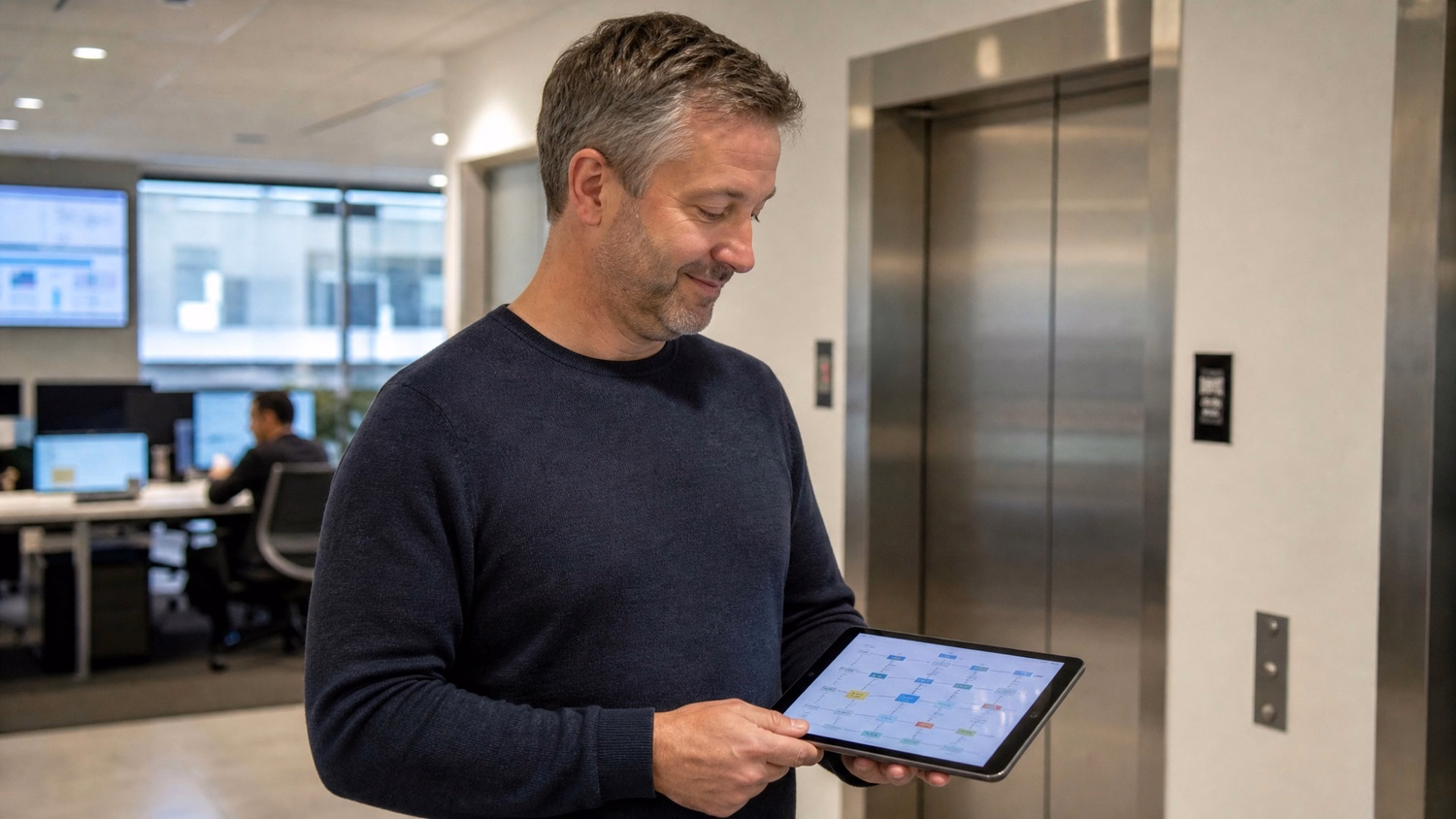Man reviews application dependency flowchart on tablet in lobby
