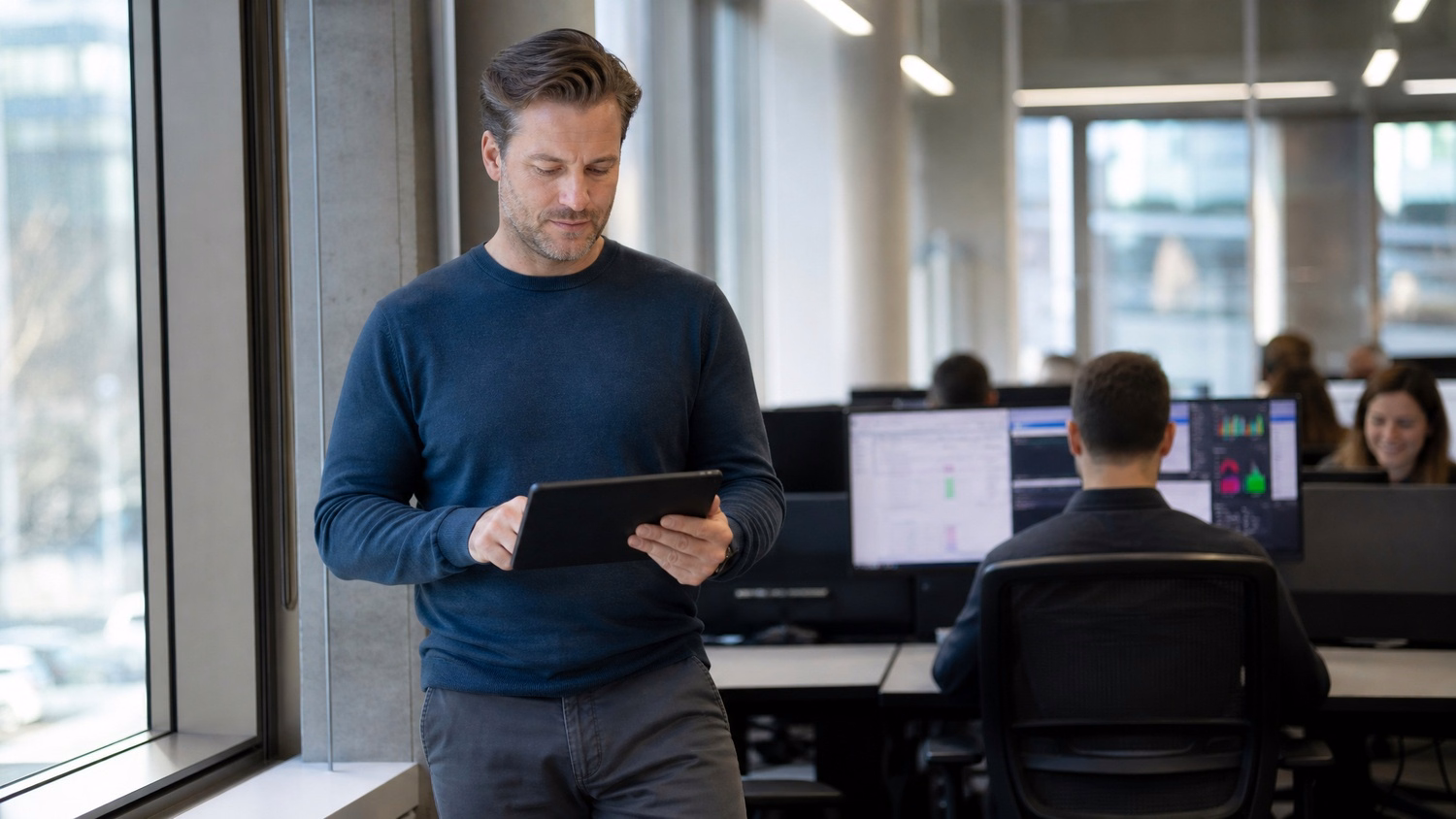 Man reviews security training on tablet by window 56 chars