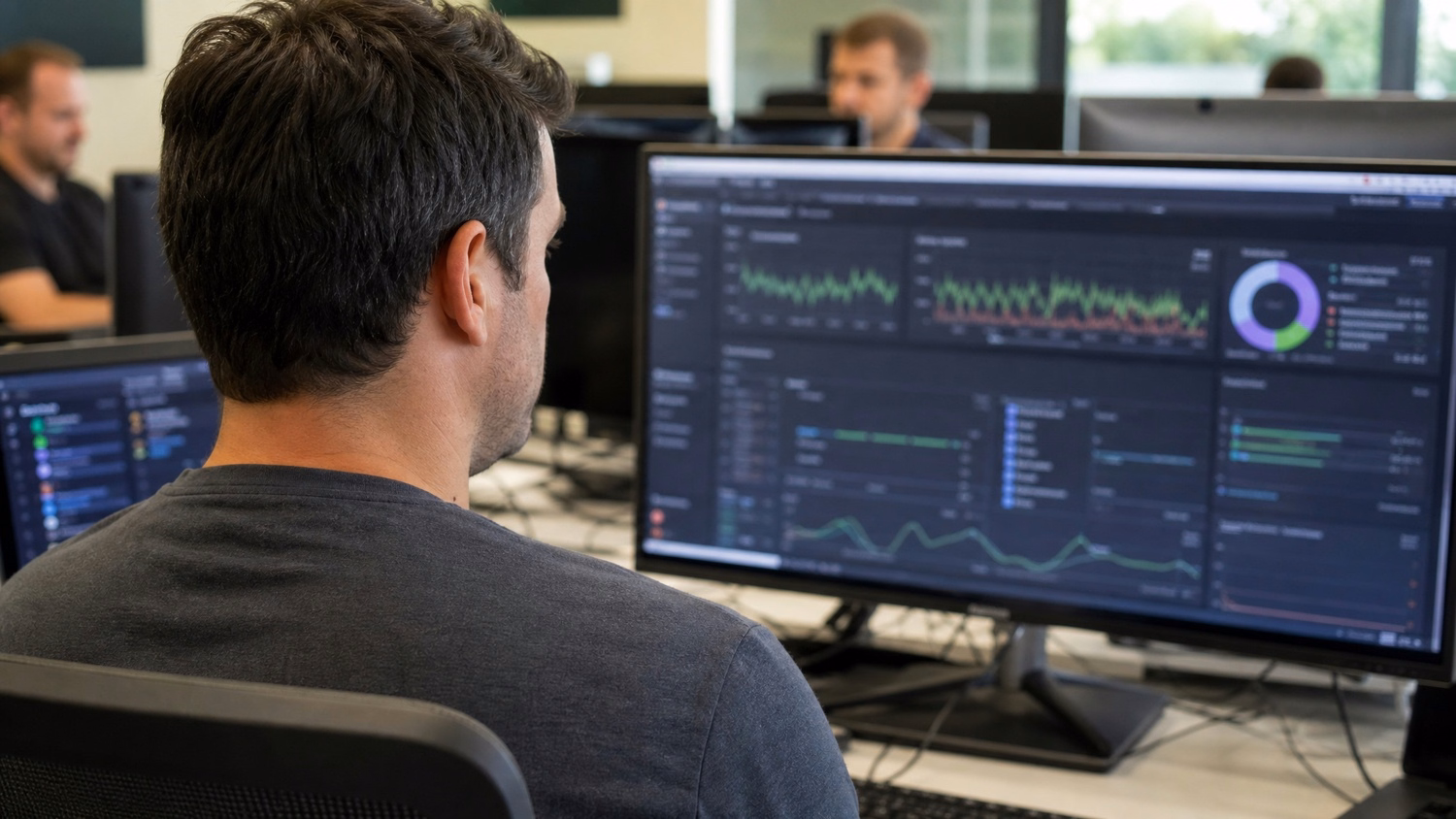 Man reviews dark network dashboard on large monitor