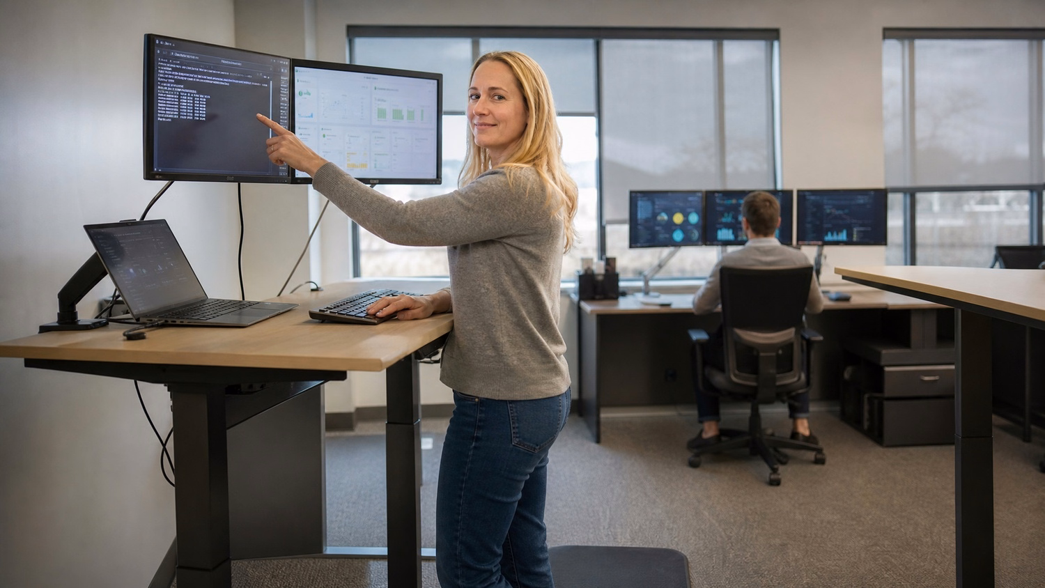 Woman at standing desk points at backup terminal window
