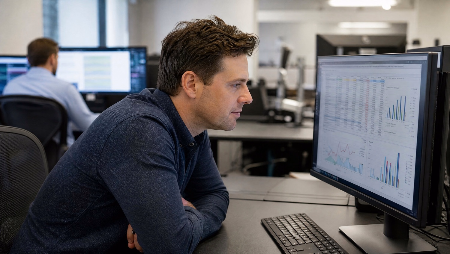 IT consultant focuses on cost reduction spreadsheet on monitor