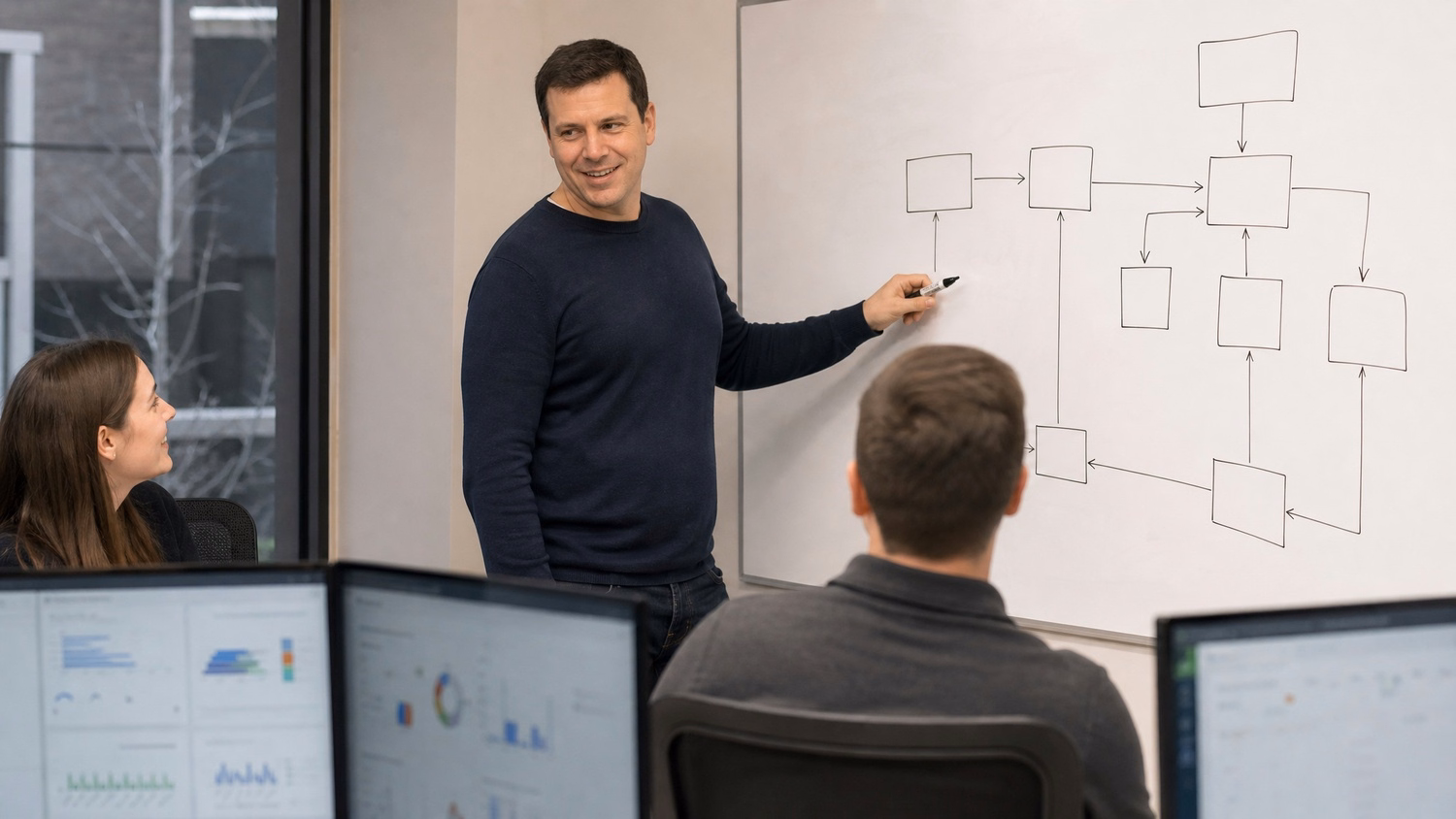 Consultant uses whiteboard for IT process automation strategy 64 chars