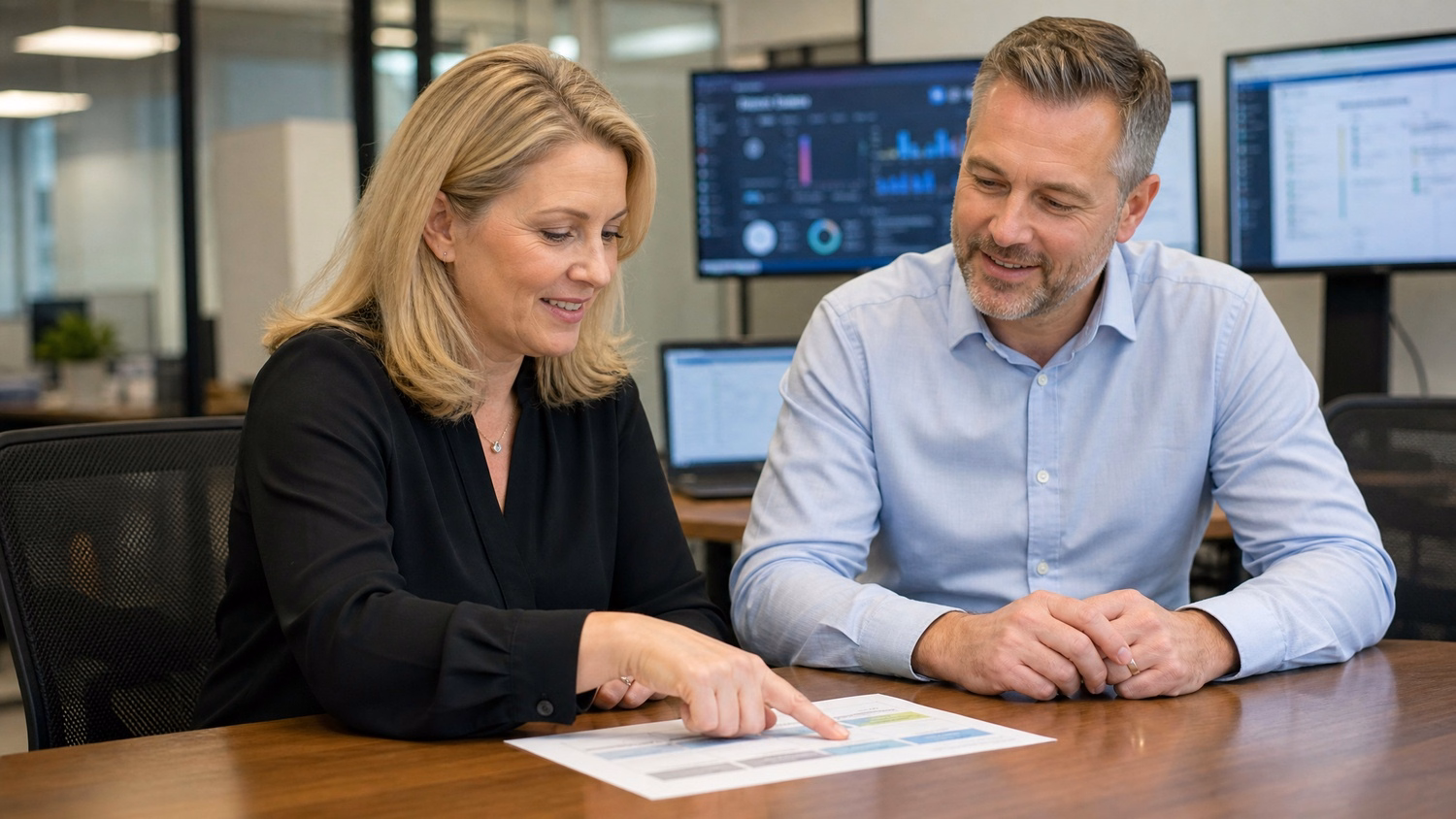 Consultants review digital transformation roadmap at meeting table