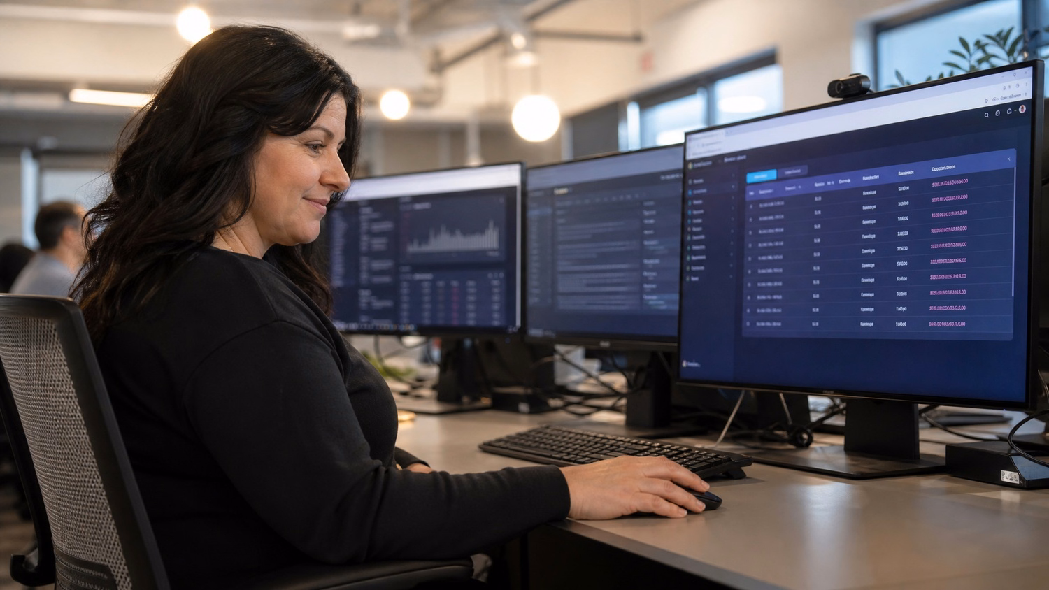 Woman reviews cloud server allocation dashboard at desk