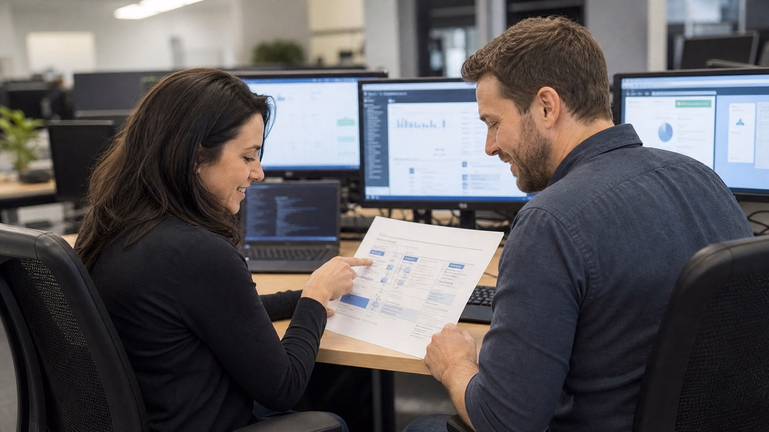 Colleagues discussing cloud service models at desks 49 characters