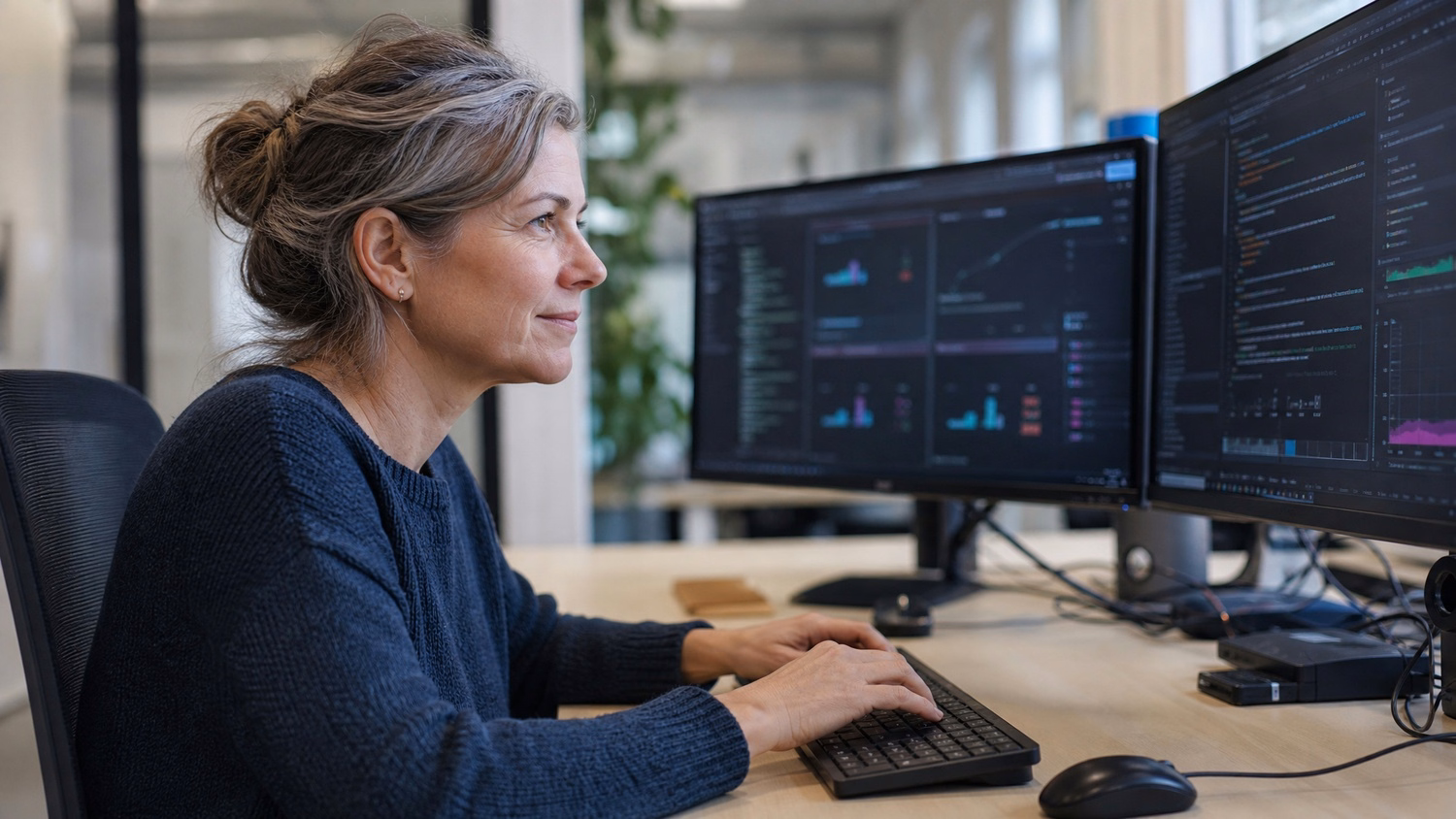 Developer coding on dual monitors, keyboard ready