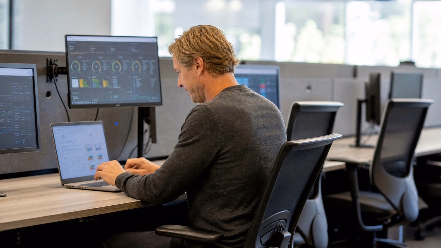 Man at shared desk reviewing network logs on laptop