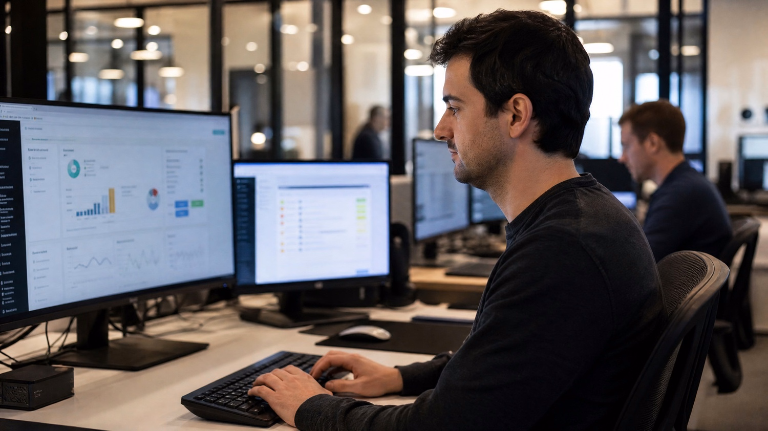 Man typing at computer, reviewing VoIP report 55 chars