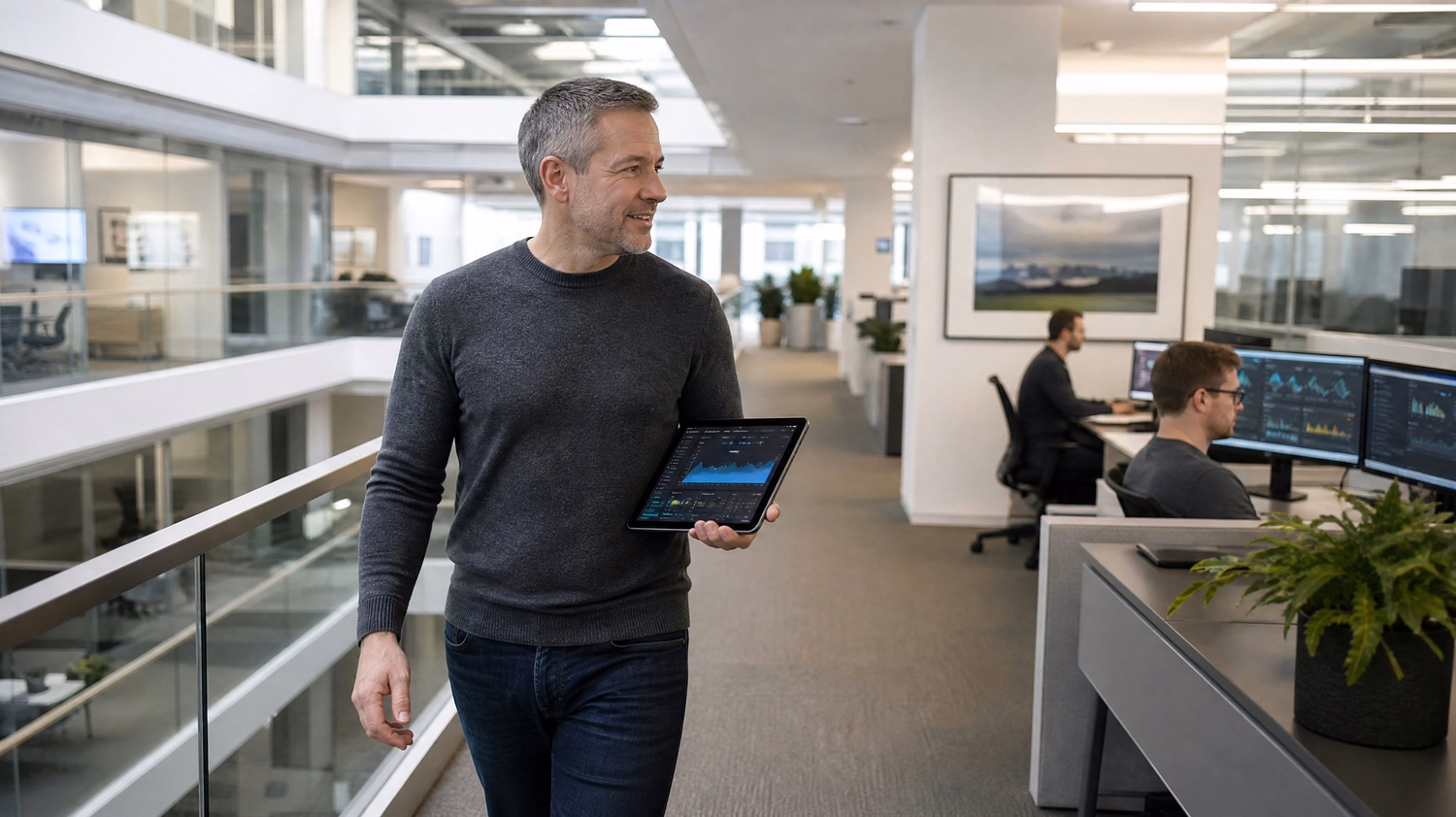 Man on atrium walkway checks network bandwidth tablet 60
