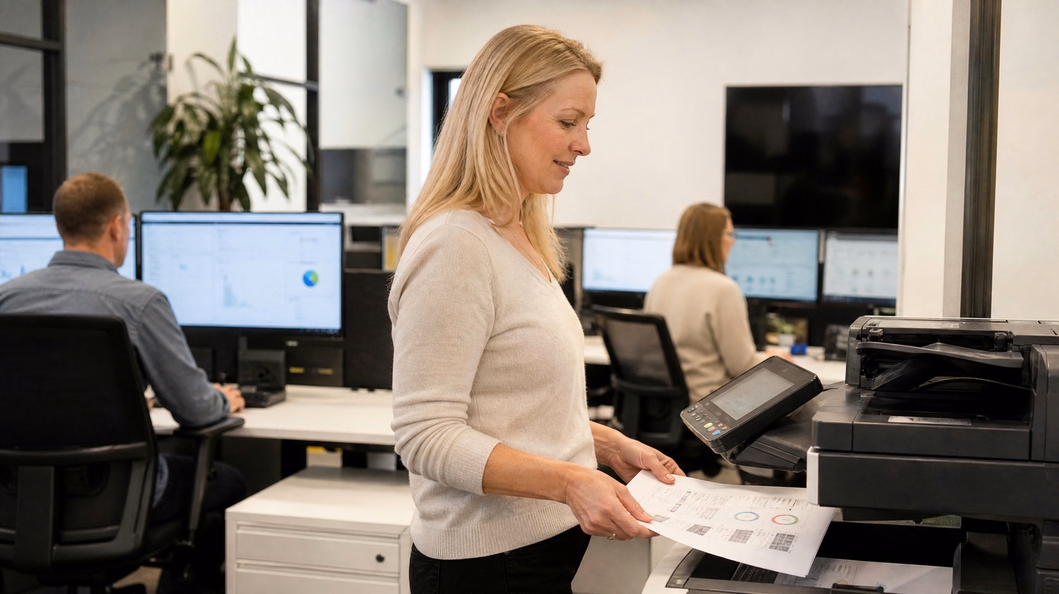 Woman collecting call analytics reports from office printer