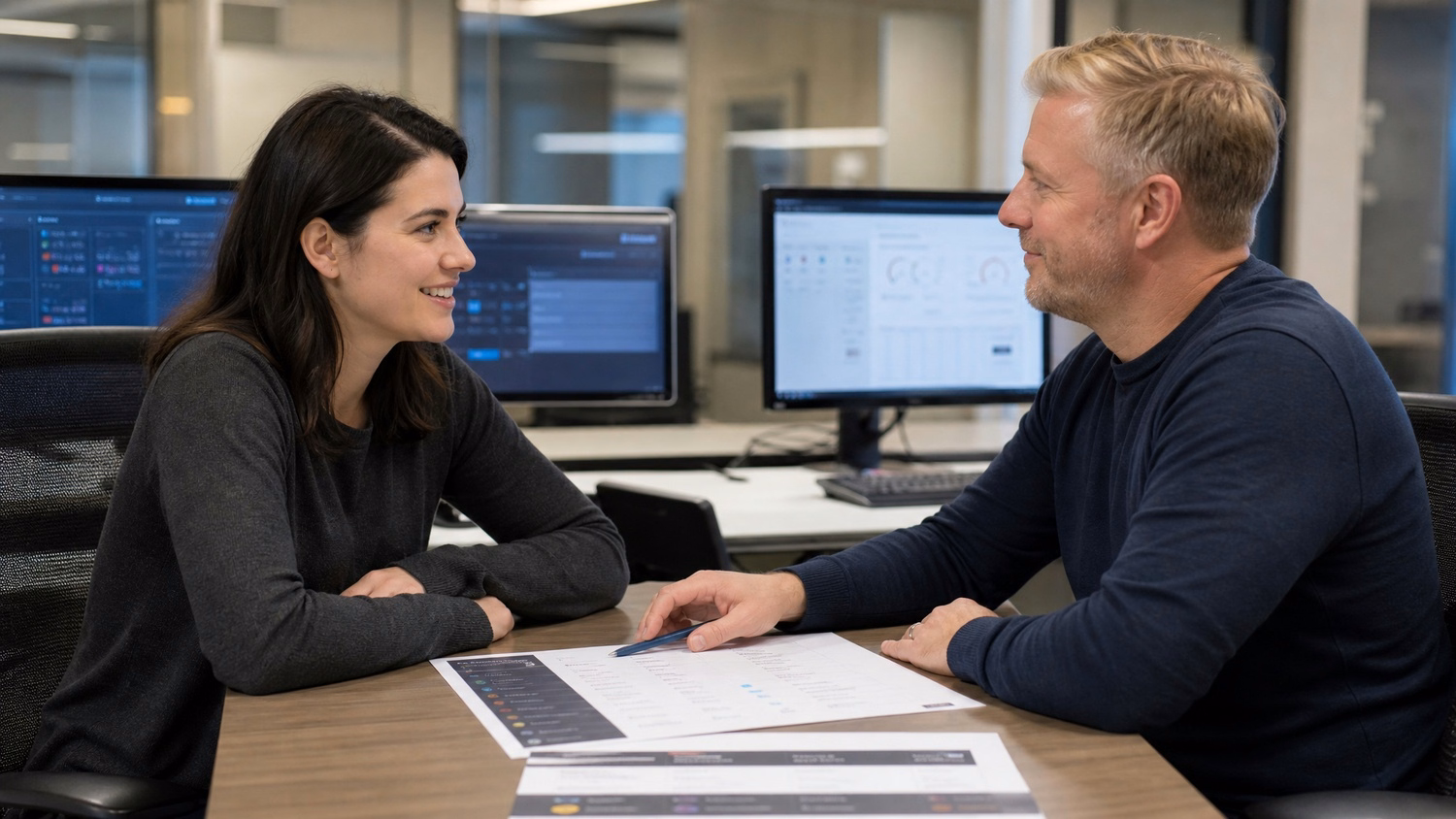 Woman and man compare VoIP features across table 58