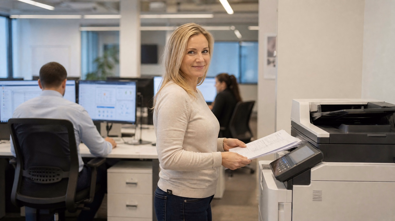 Woman collects security compliance reports from office printer