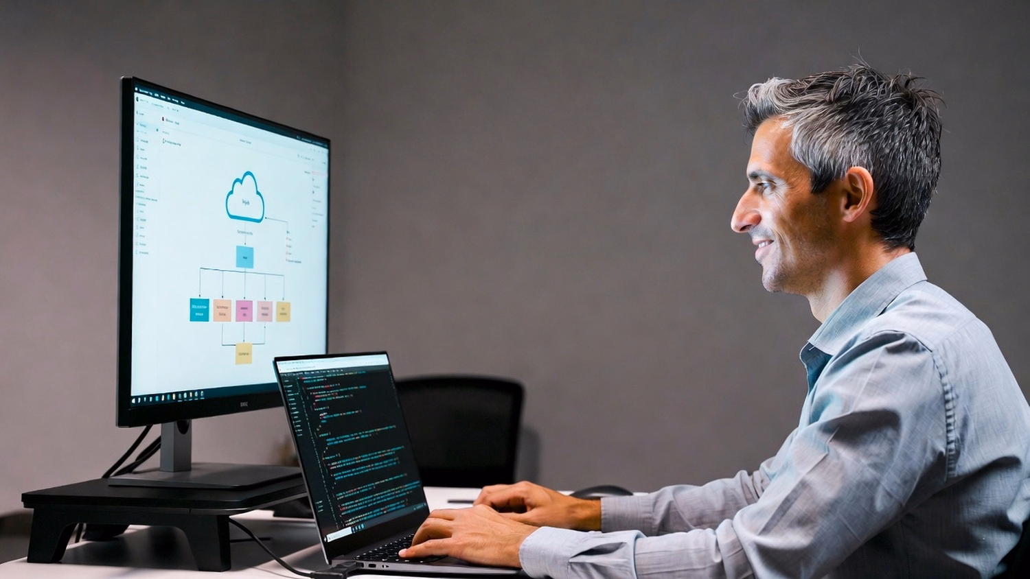 Man at laptop views hybrid cloud architecture diagram