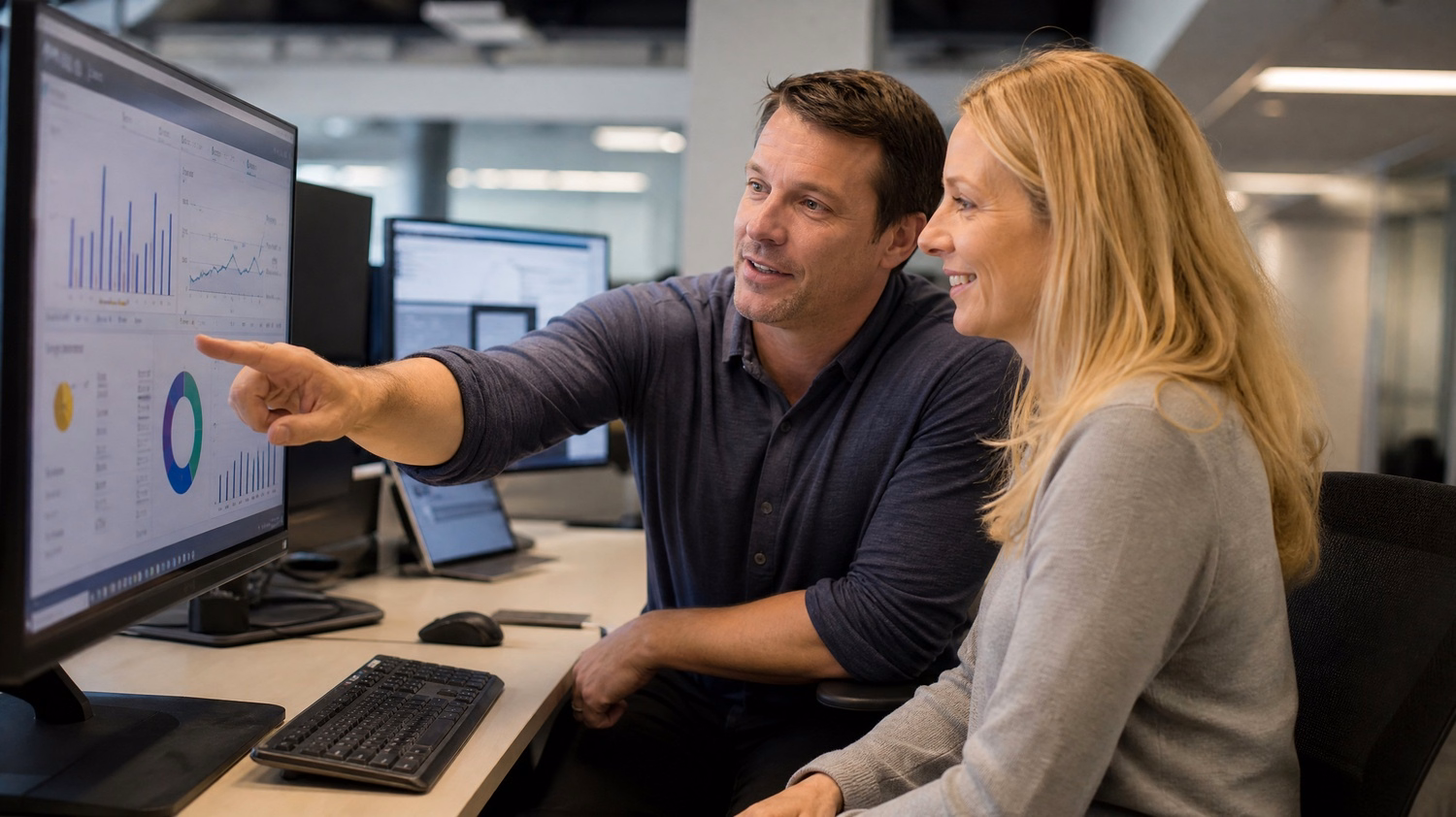 Man and woman review cloud cost analysis dashboard