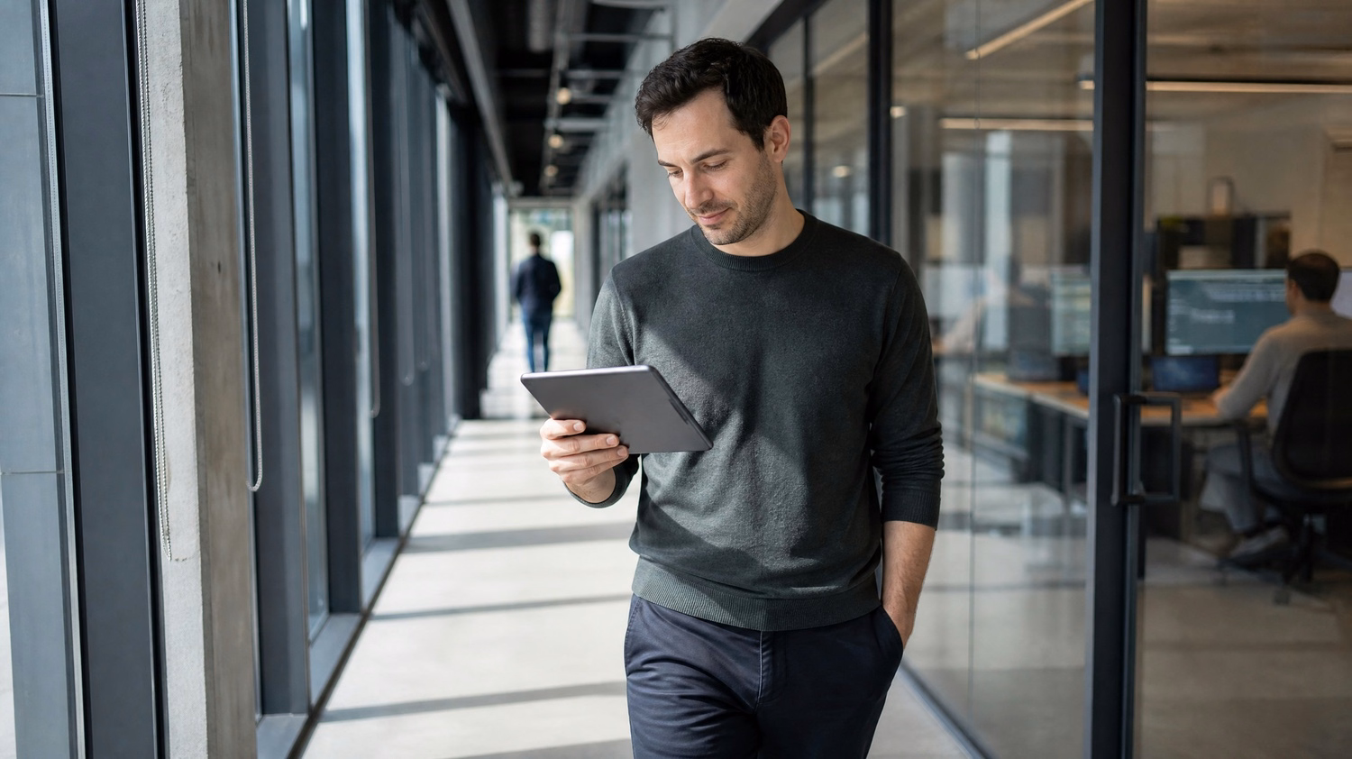 Man on glass walkway with tablet, cloud migration checklist 73