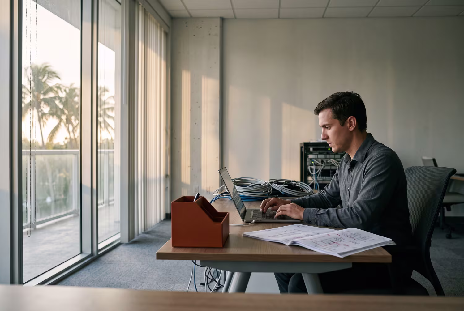Managed IT service provider configuring cloud infrastructure on laptop