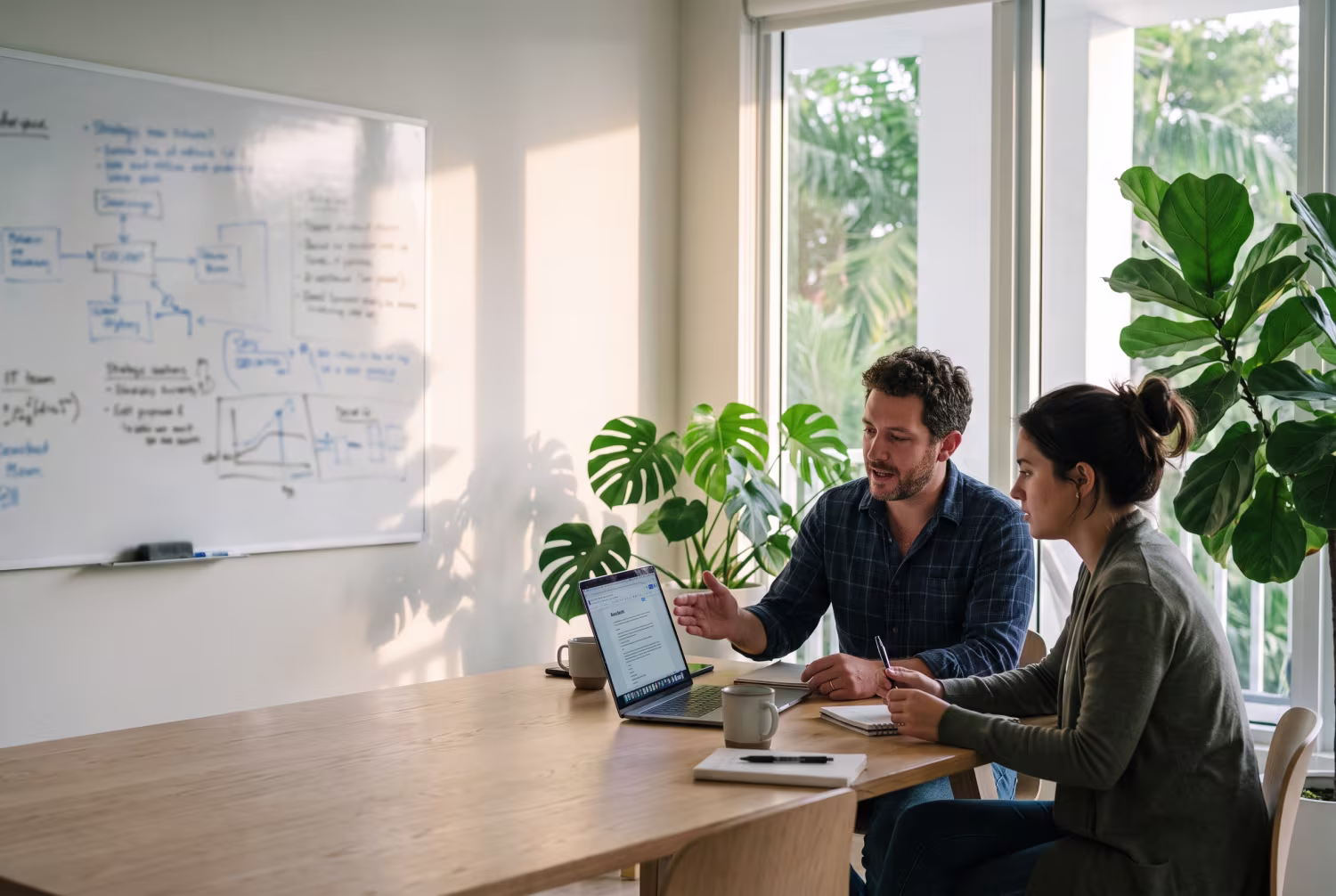 Two IT consultants reviewing project on laptop in Miami workspace