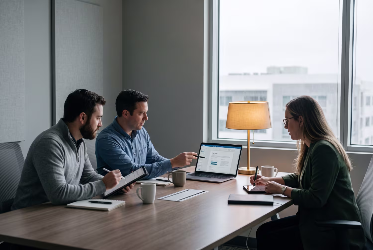 Three IT professionals discussing a proposal in minimalistic Miami office
