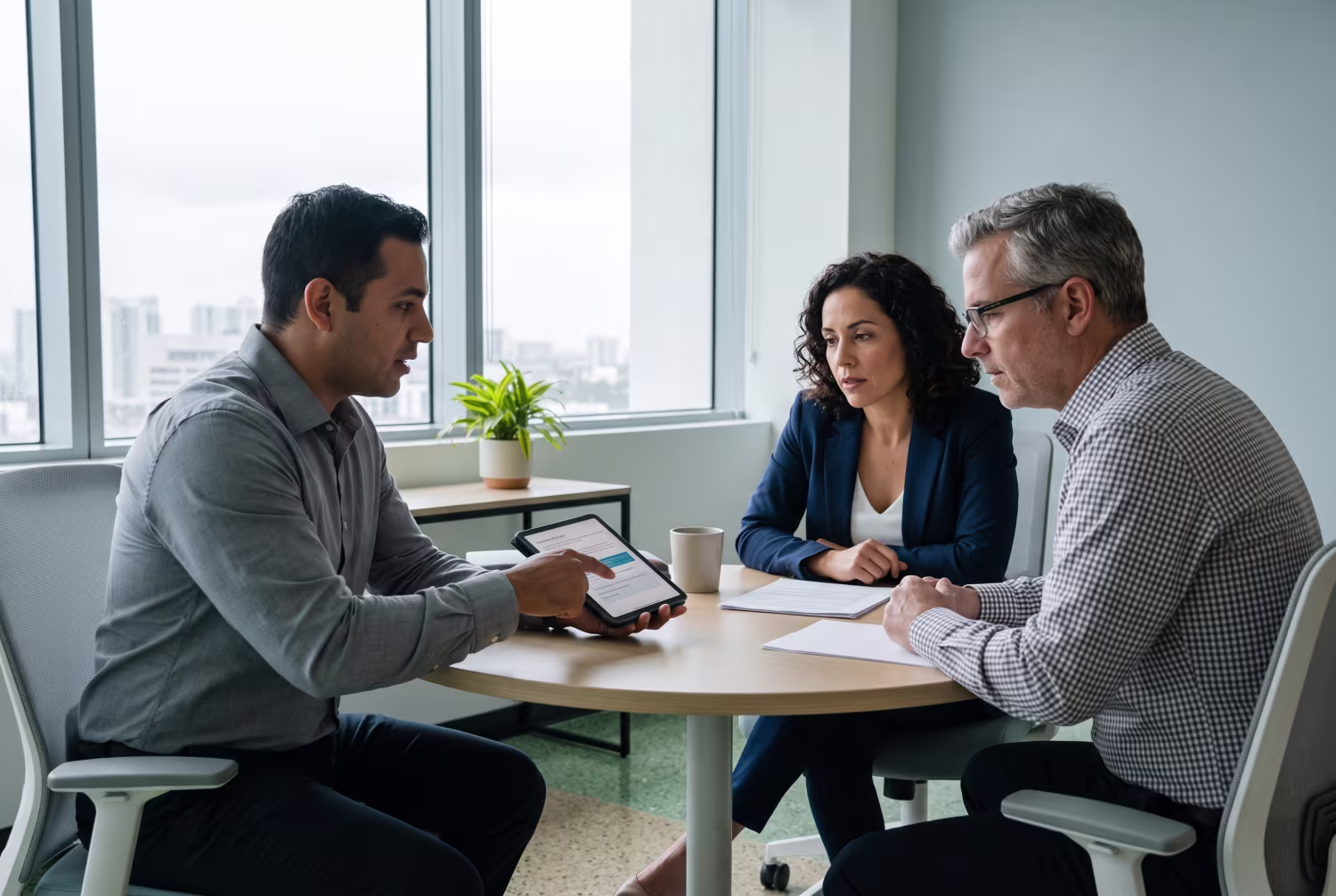 IT consultant discussing business IT support proposal in modern Miami office