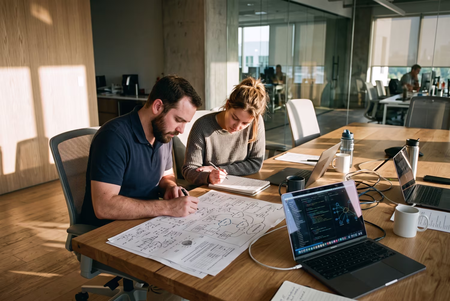 Two IT consultants discussing cloud infrastructure management diagrams