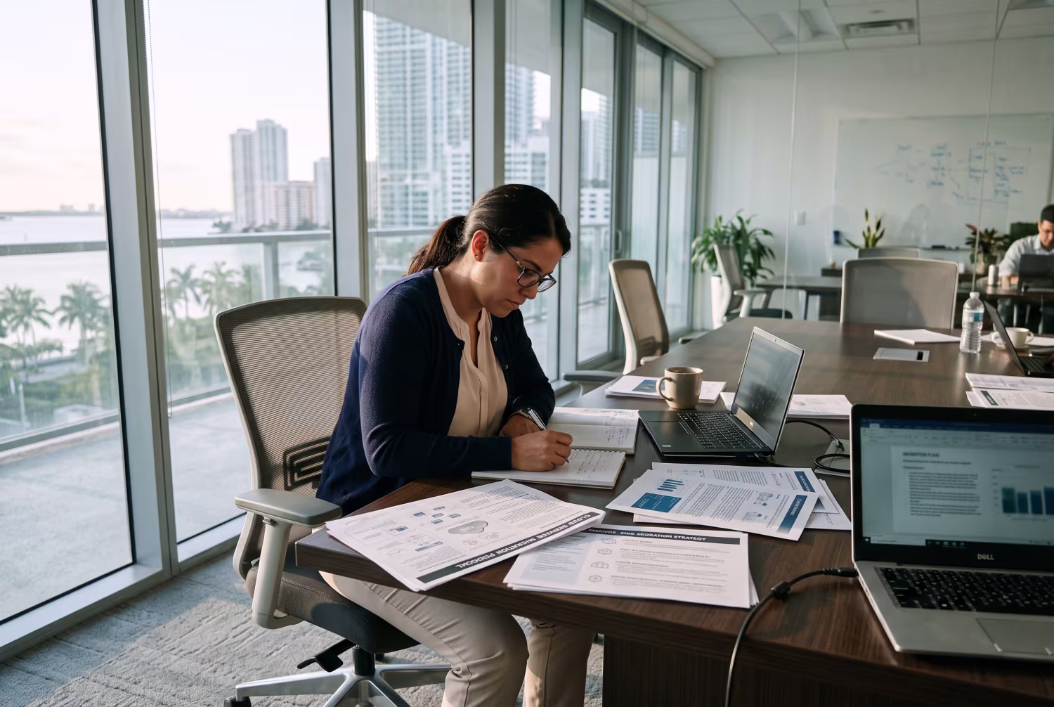 IT manager analyzing cloud service proposal in Miami office