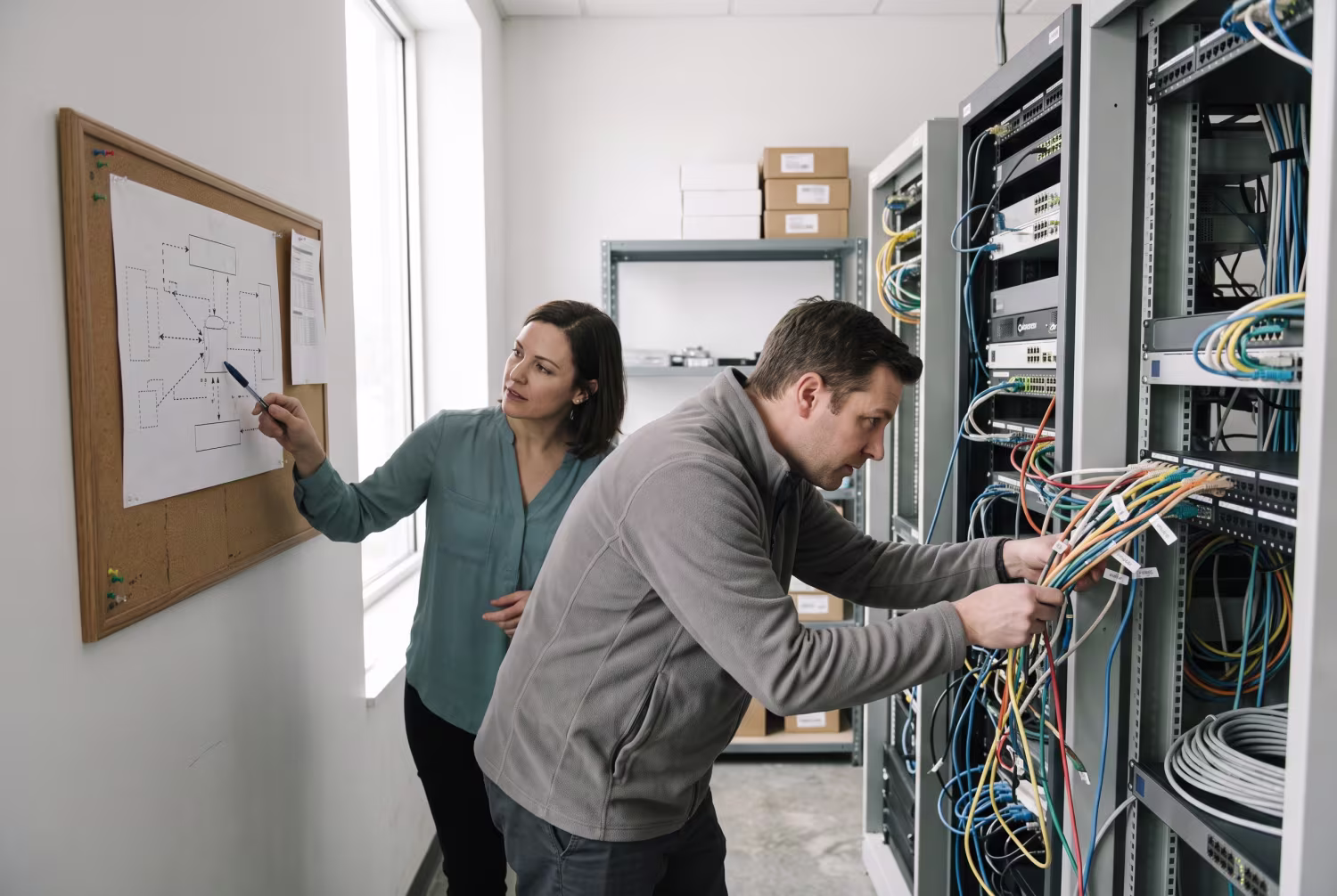 Two IT professionals analyzing security tools in server room