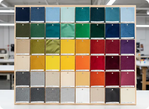 Grid of 40 fabric swatches in various colors from blues, greens, yellows, reds, purples to neutrals on a board.